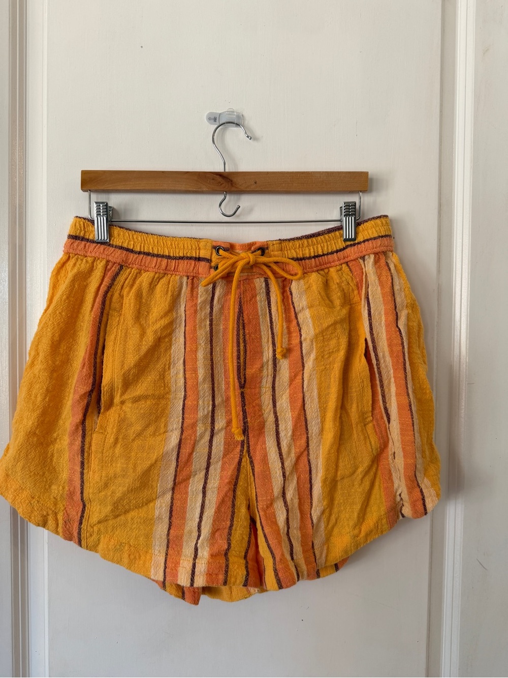 Free People Striped Yellow & Orange Drawstring Athletic Shorts